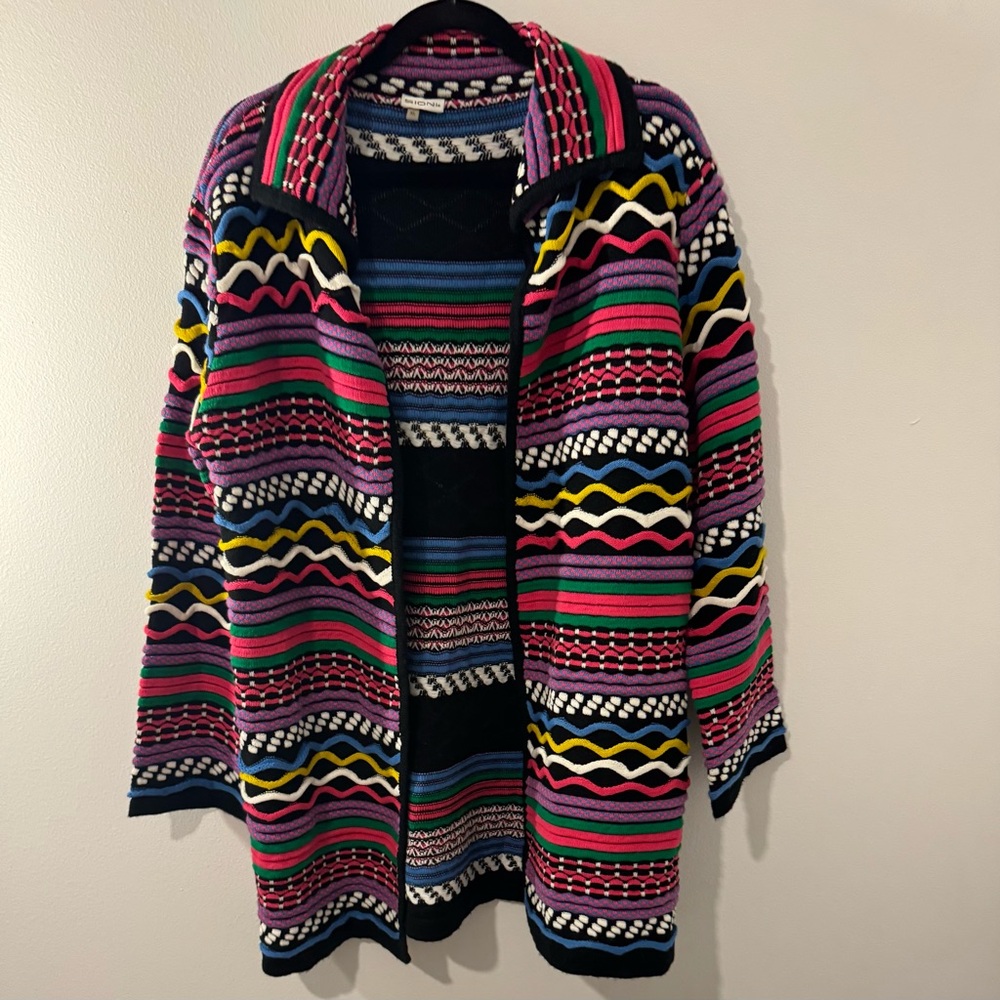 Sioni XL Multicolor Knit Cardigan Sweater Coat Boho Artsy Textured Longline - Picture 10 of 10